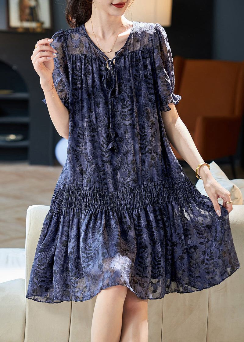 Navy V Neck Print Patchwork Chiffon Dress Summer