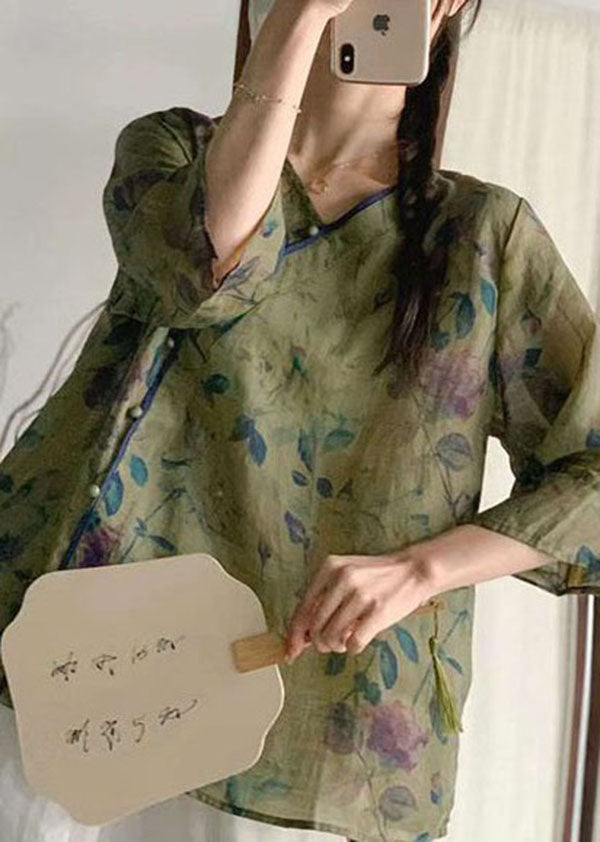 Navy V Neck Print Patchwork Linen Blouse Tops Summer