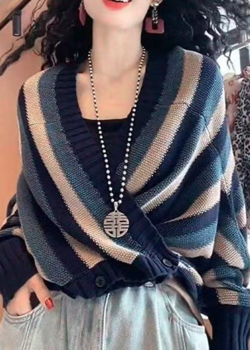 Navy V Neck Striped Button Knit Coats Fall