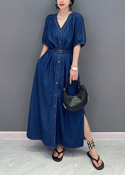 Navy V Neck Tie Waist Side Open Patchwork Denim Dress Summer