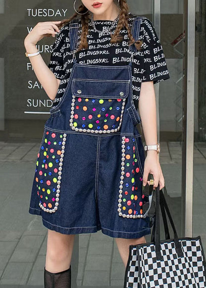 Navy Zircon Patchwork Denim Spaghetti Strap Jumpsuits Shorts Summer