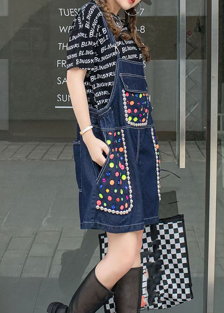 Navy Zircon Patchwork Denim Spaghetti Strap Jumpsuits Shorts Summer