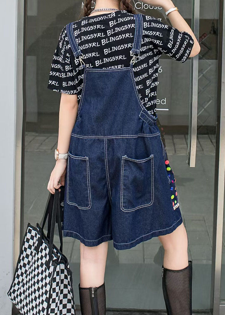 Navy Zircon Patchwork Denim Spaghetti Strap Jumpsuits Shorts Summer