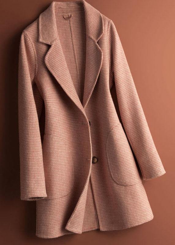 Notched Pockets Fine Clothes for Pink Plaid Daily Woolen Coats