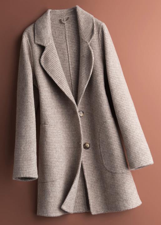 Notched Pockets Fine Clothes for Pink Plaid Daily Woolen Coats