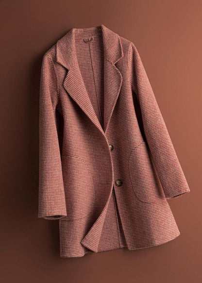 Notched Pockets Fine Clothes for Pink Plaid Daily Woolen Coats