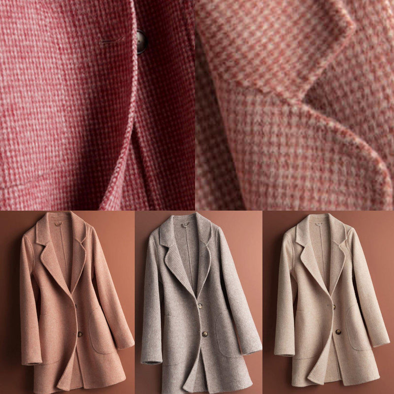 Notched Pockets Fine Clothes for Pink Plaid Daily Woolen Coats