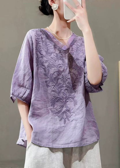 Nwe Purple V Neck Embroidered Linen Top Summer