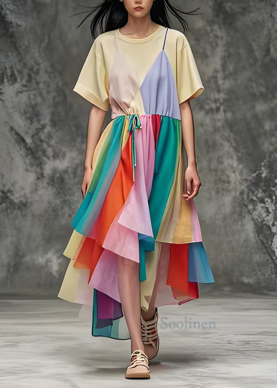 O Neck Asymmetrical Patchwork Cotton Dress Summer