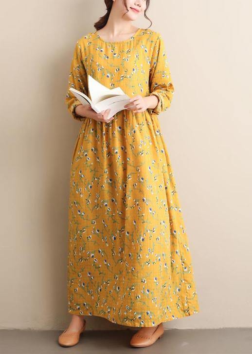 O Neck Cinched Dresses Yellow Print Robe Dress