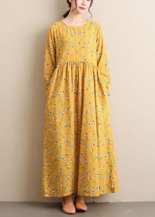 O Neck Cinched Dresses Yellow Print Robe Dress