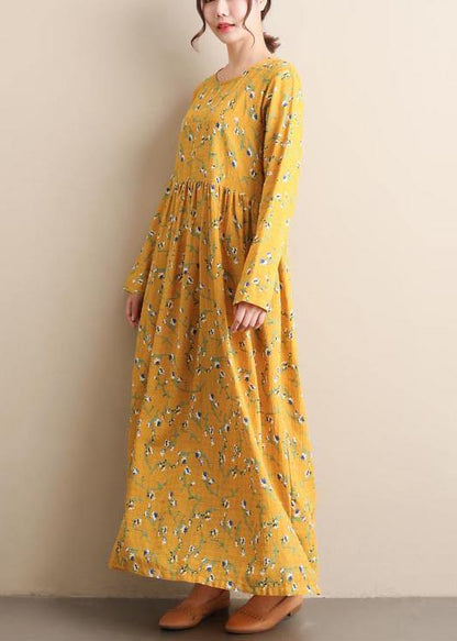O Neck Cinched Dresses Yellow Print Robe Dress