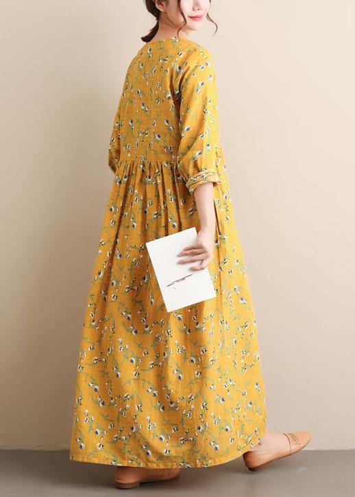 O Neck Cinched Dresses Yellow Print Robe Dress