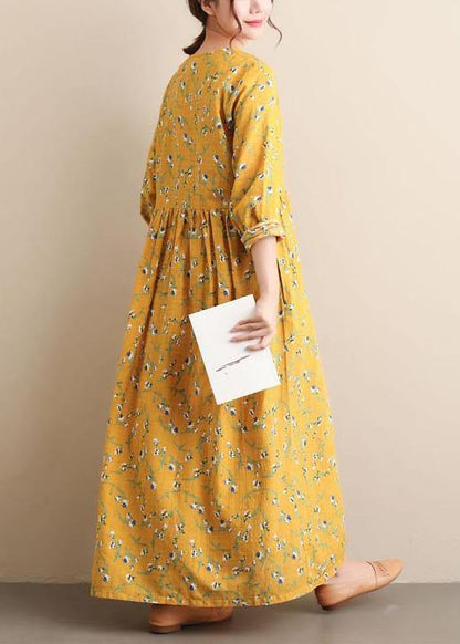O Neck Cinched Dresses Yellow Print Robe Dress