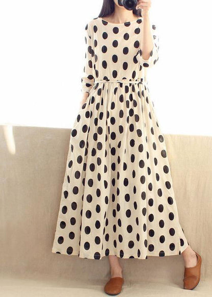 O Neck Cinched Wardrobes Design Beige Dotted a Line Dress
