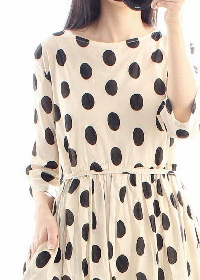 O Neck Cinched Wardrobes Design Beige Dotted a Line Dress