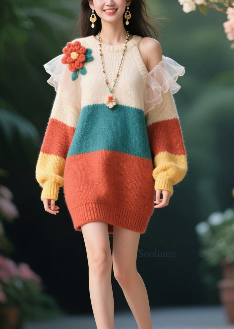 O-neck Cold Shoulder Knit Sweater Dresses Fall
