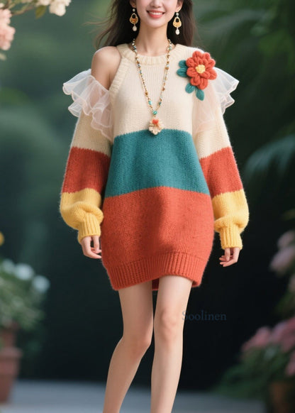 O-neck Cold Shoulder Knit Sweater Dresses Fall