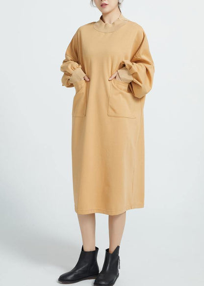 O Neck Cotton Spring Dresses Sleeve Camel Color Dresses