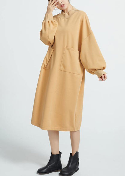 O Neck Cotton Spring Dresses Sleeve Camel Color Dresses
