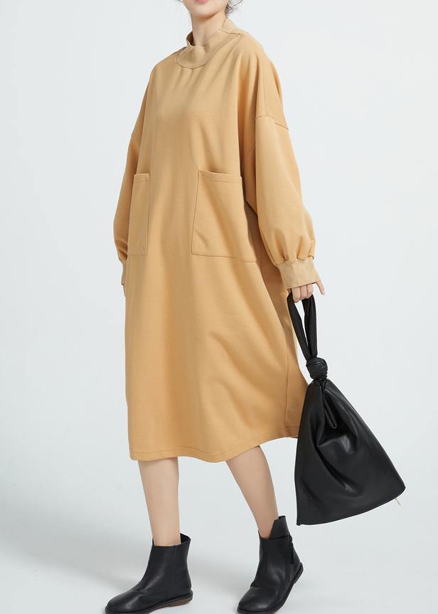 O Neck Cotton Spring Dresses Sleeve Camel Color Dresses