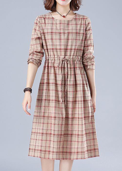 O Neck Drawstring Spring Clothes Ideas Nude Plaid Dresses