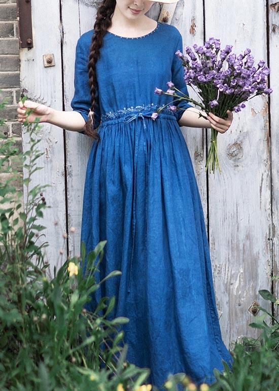 O Neck Drawstring Spring Tunic Runway Blue Long Dresses