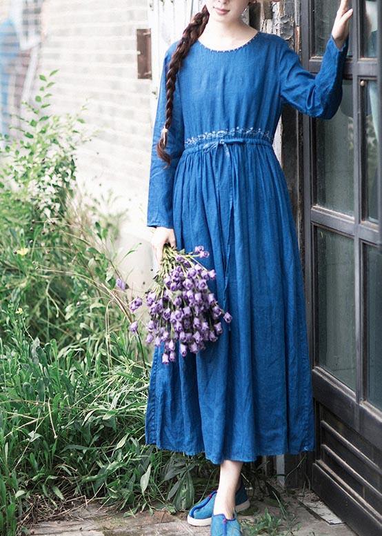O Neck Drawstring Spring Tunic Runway Blue Long Dresses