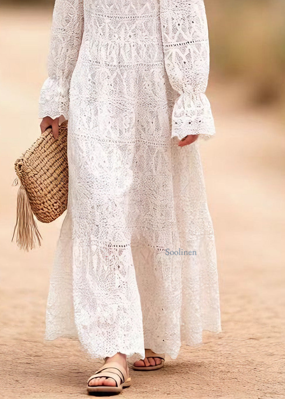 O Neck Embroidered Hollow Out Lace Long Dresses Spring