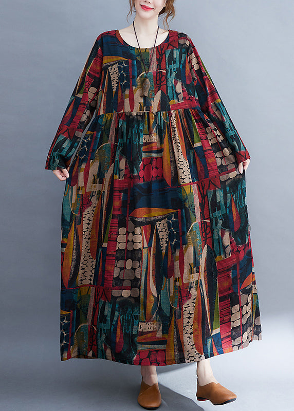 O-neck Exra Large Hem Pockets Print Long Derss Long Sleeve