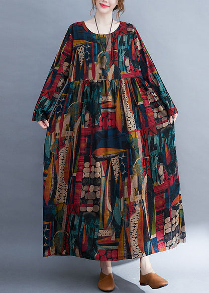 O-neck Exra Large Hem Pockets Print Long Derss Long Sleeve