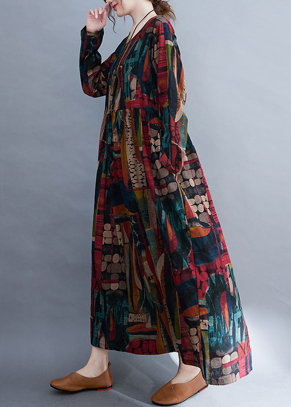 O-neck Exra Large Hem Pockets Print Long Derss Long Sleeve