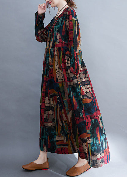 O-neck Exra Large Hem Pockets Print Long Derss Long Sleeve