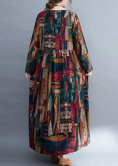 O-neck Exra Large Hem Pockets Print Long Derss Long Sleeve