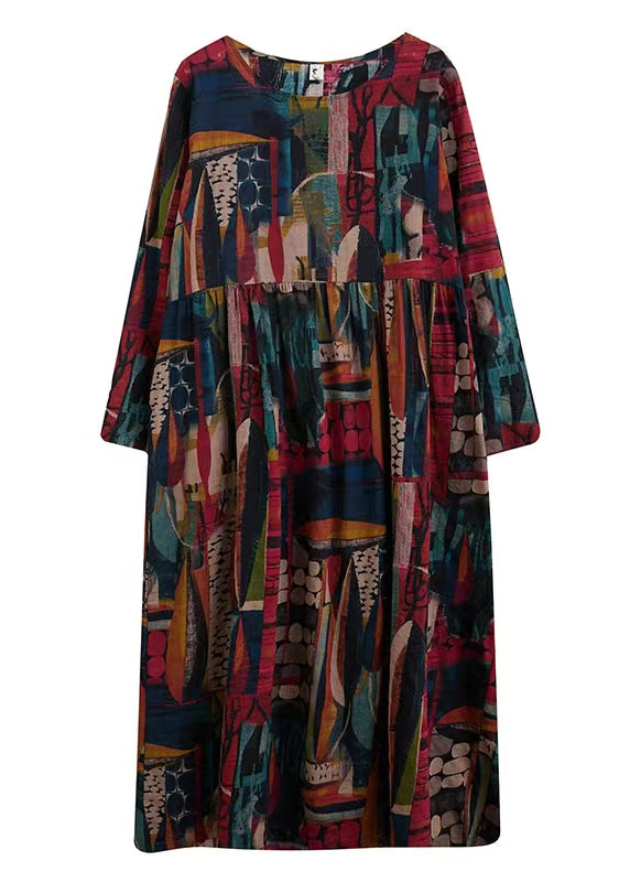 O-neck Exra Large Hem Pockets Print Long Derss Long Sleeve