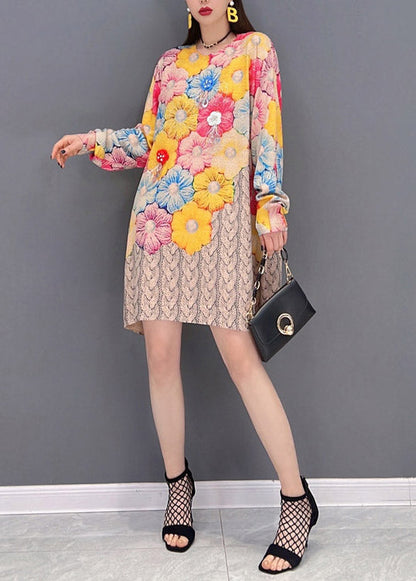 O-neck Print Chiffon Mid Dresses Long Sleeve