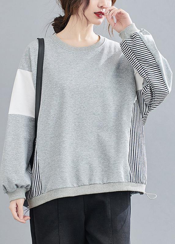 Women O Neck Patchwork Striped Spring Top Silhouette Sewing Blue Blouses