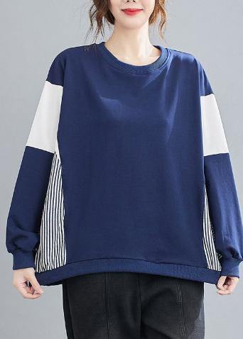 Women O Neck Patchwork Striped Spring Top Silhouette Sewing Blue Blouses