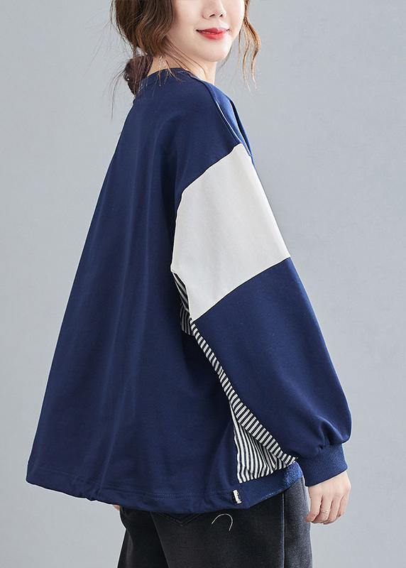Women O Neck Patchwork Striped Spring Top Silhouette Sewing Blue Blouses