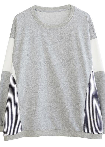 Women O Neck Patchwork Striped Spring Top Silhouette Sewing Blue Blouses