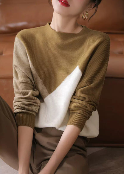 O-neck Patchwork Thick Woolen Knitted Sweaters Long Sleeve