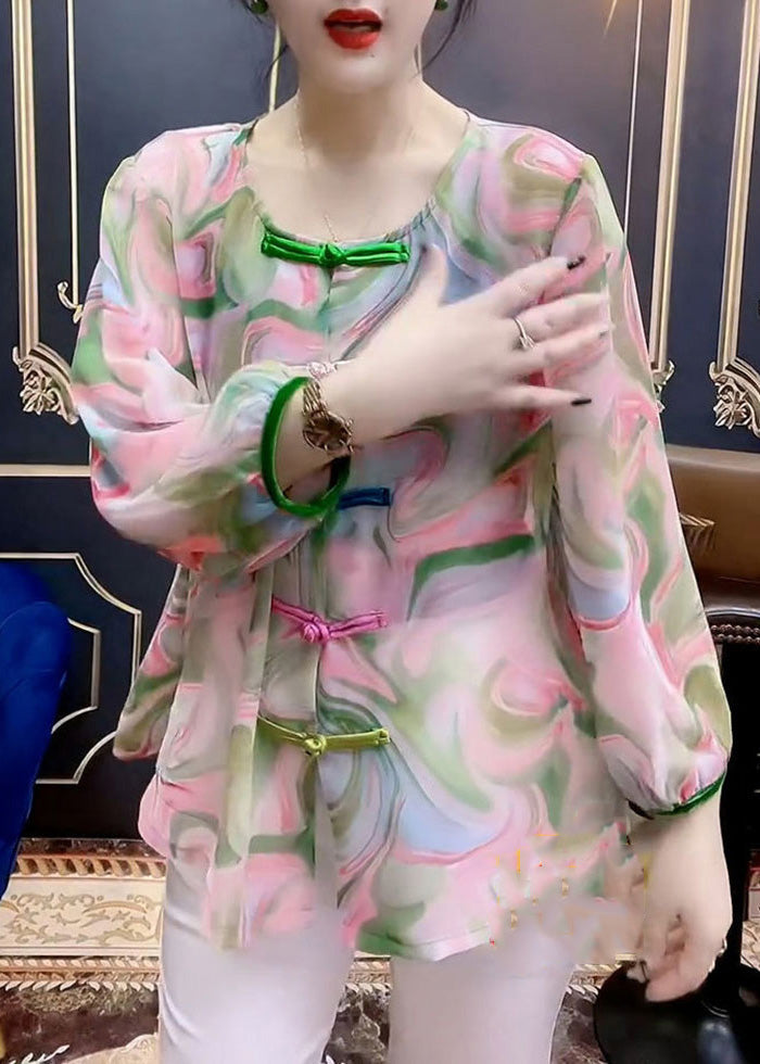O-neck Print Button Chiffon Shirt Long Sleeve