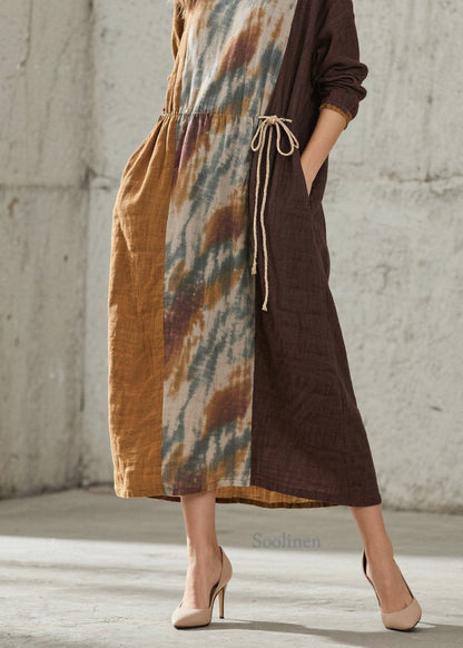 O Neck Print Lace Up Cotton Maxi Dresses Fall