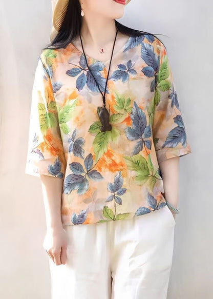 O Neck Print Patchwork Cotton Top Half Sleeve