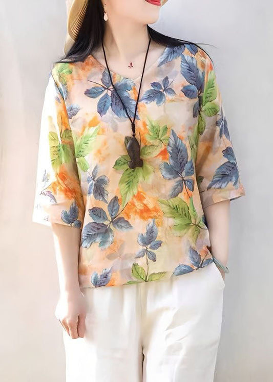 O Neck Print Patchwork Cotton Top Half Sleeve