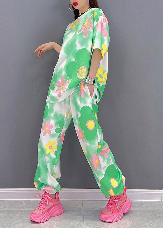 O-neck Print Top and Pants Chiffon Two Piece Set Summer