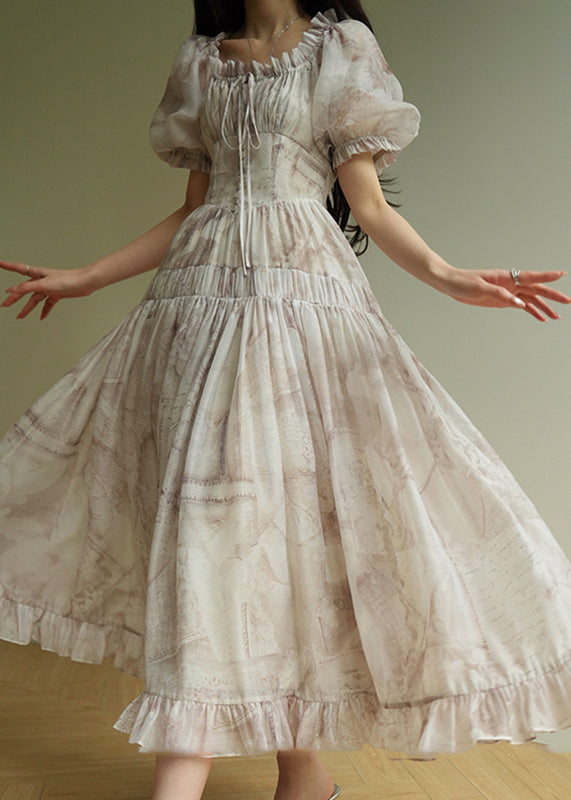 O-neck Ruffled Print Tunic Chiffon Long Dress Summer