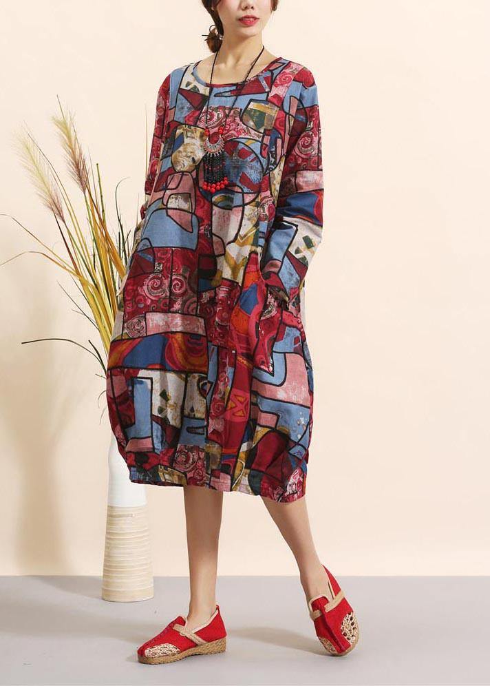 O Neck Spring Clothes for Pattern Red Geometric Robe Dresses