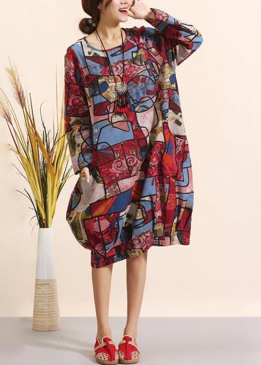 O Neck Spring Clothes for Pattern Red Geometric Robe Dresses