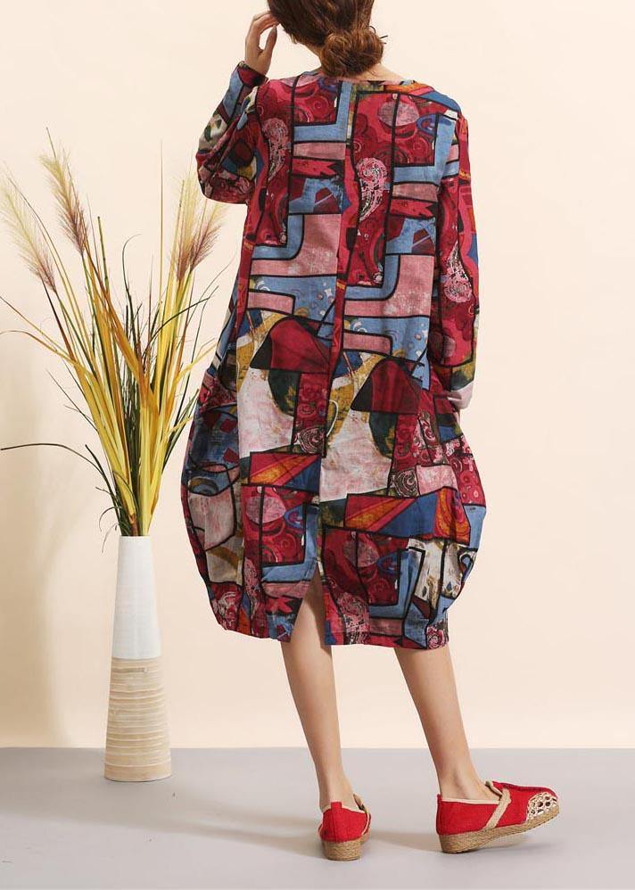 O Neck Spring Clothes for Pattern Red Geometric Robe Dresses